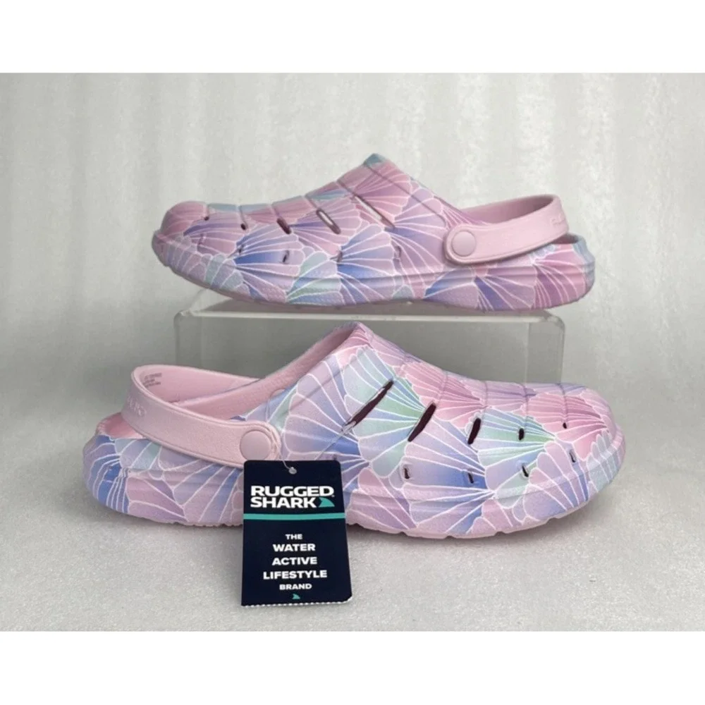 Rugged Shark Eva Shell Print Pink Clogs Slip on Sandals Big Girls Size 6 NEW